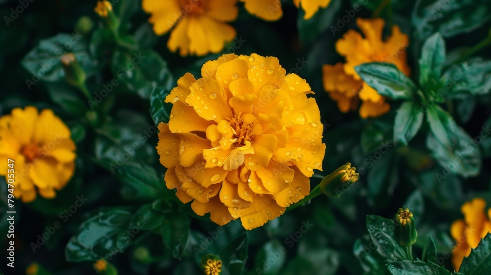 Sticker Yellow flowers with raindrops in garden