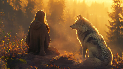 Image of a woman protecting the forest with a wolf at her side.