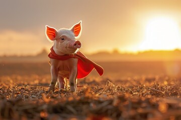 Piglet wearing a red cape standing in a field at sunset, looking adventurous.