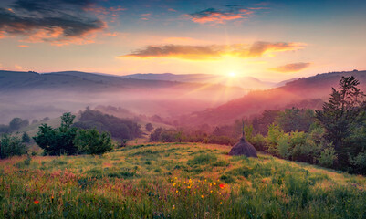 Illuminated summer view of misty rolling hills. Foggy morninig scene of Carpathian mountains at June with rising sun and haystack, Ukraine, Europe. Beauty of countryside concept background..