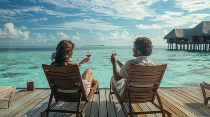 Honeymoon traveller couple hugging on a wooden chair and enjoys their tropical holiday in the Maldives islands.