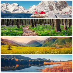 Set of beautiful panoramic views of the four seasons. Stunning landscapes of high snowy mountains,...