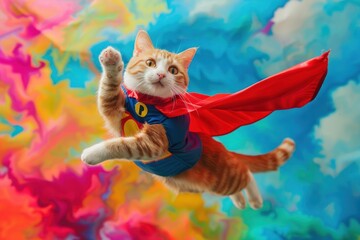 Cat dressed as a superhero flying against a vibrant abstract background, depicting playfulness.