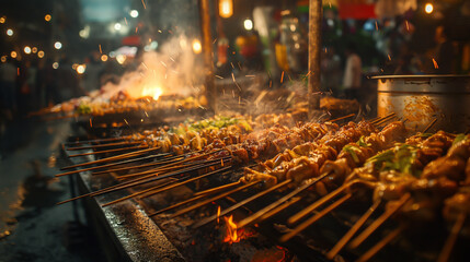 Pictures of night market trade ,grilled food, grilling stove, smoke floating, lively atmosphere