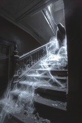 Mysterious silhouette on an abandoned mansion staircase