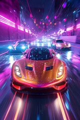 Futuristic sports car speeding through neon city