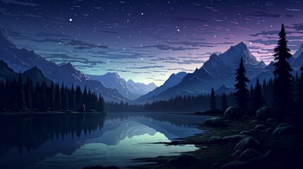 A beautiful landscape with mountains, trees, and a lake. The sky is dark and there are stars in the sky. The water in the lake is calm and still.