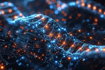 Blue and orange glowing double helix over a circuit board.