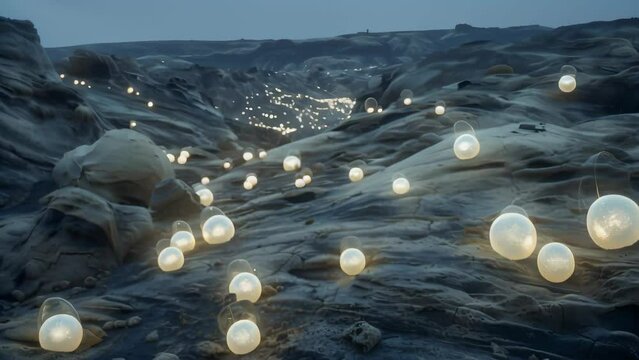 Glowing pearlescent orbs lay scattered across a rugged, windswept terrain. The luminous spheres infuse the landscape with an air of mystery, blurring the lines between reality and the surreal. 