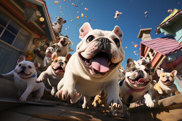 Cute English bulldog playing with toys in living room at home