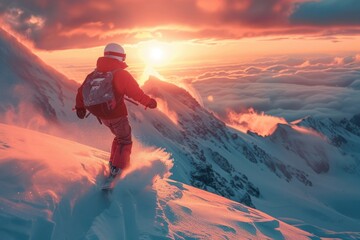Young female snowboarder running down the mountain slope in sunset