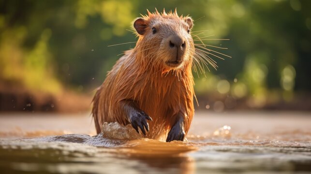 A capybara is standing half-submerged in a river, looking at the camera.