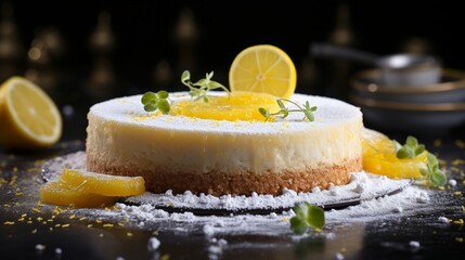 A close-up image of a delicious-looking lemon cheesecake garnished with lemon slices and mint leaves.