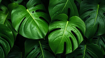 A close-up of a giant monstera deliciosa leaf with water droplets on it.