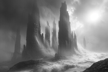 Ethereal mist swirling around abstract monoliths, shrouding the landscape in a veil of enigmatic beauty and intrigue.