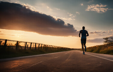 man running in the evening on a road at sunset