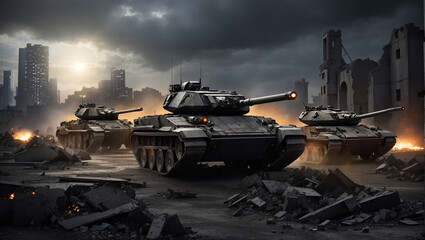 Three tanks are driving through a destroyed city.

 - obrazy, fototapety, plakaty
