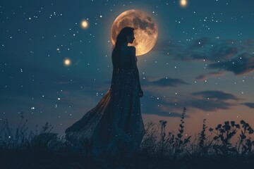Fototapeta na wymiar Young woman in starry dress looking at shining Moon