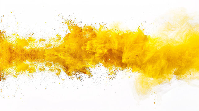 Abstract yellow dust shattered in white background, yellow dust sprinkles in air, yellow dust explodes horizontally 