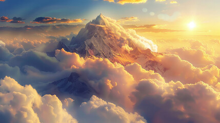 the sun is rising over clouds over the mountain - obrazy, fototapety, plakaty