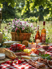 Gourmet Picnic with Wine and Flowers