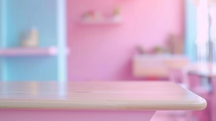 Soft-focused image of an empty pastel pink table with a defocused colorful background.