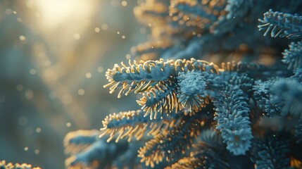 Close-up of blue spruce pine branches dusted with frost, highlighted by soft winter sunlight.