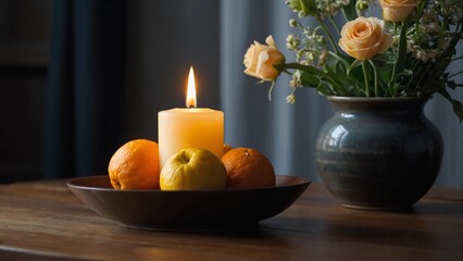 still life with candle and flowers,A lit candle sits in the center of the image, surrounded by a bowl of fruit and a vase of flowers. The candle is orange, and the fruit in the bowl includes oranges a