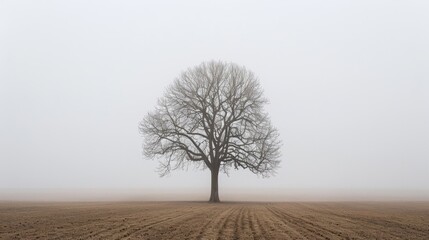 A lone leafless tree stands in the calmness of a foggy agricultural field, evoking a sense of solitude and tranquility.
