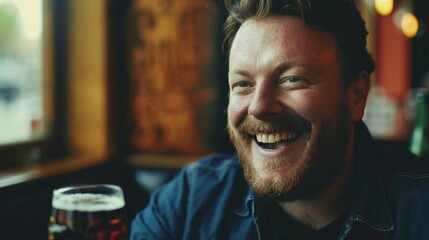 A smiling bearded man savoring a pint of beer in a cozy pub atmosphere, capturing a moment of joy and relaxation. - obrazy, fototapety, plakaty