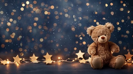 Plush teddy bear sitting amidst star-shaped lights and a glittering bokeh background, conveying a cozy, festive atmosphere.