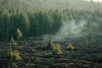 Forest devastated by fire, with smoke rising and charred trees.