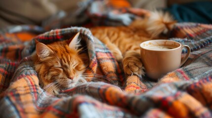 A ginger cat asleep under a plaid blanket with a warm cup of coffee nearby.