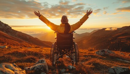 A wheelchair user with arms raised in celebration overlooking a beautiful sunset. The person wears casual clothes and sits in a premium wheelchair that has features like built-in determination
