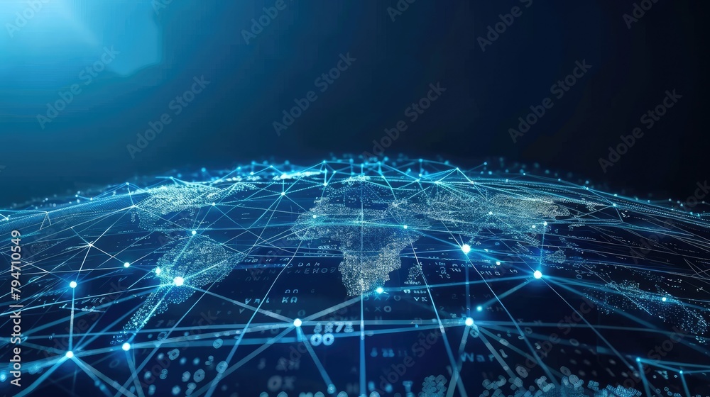 Poster Global world network and telecommunication on earth cryptocurrency and blockchain and IoT