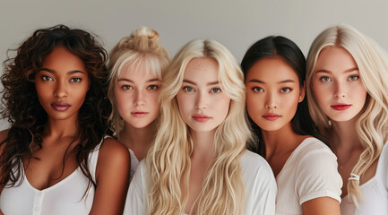 Fototapeta premium A group of beautiful women with different skin tones posing in white for the camera in a studio shot with studio light