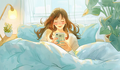 Girl, anime and bedroom with phone for relax or search, communication or illustration with social media. Child, mobile and animation in home with happiness or website, video call with technology