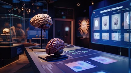 A detailed image of a brain tumor awareness exhibit featuring interactive displays and educational...