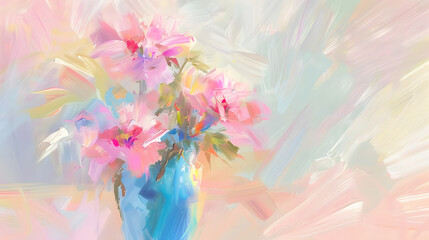 A creative arts painting of pink flowers in a blue vase - obrazy, fototapety, plakaty