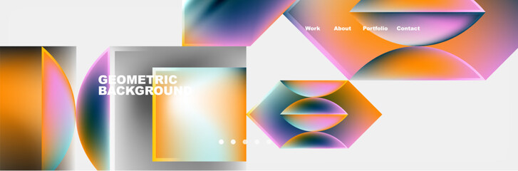 A liquid art piece featuring vibrant geometric shapes like triangles and rectangles in tints and shades of magenta and electric blue on a glasslike white background