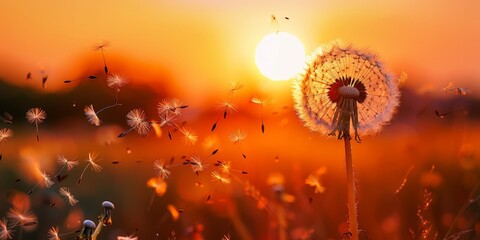 Silhouetted dandelion seeds dispersing in the warm light of a setting sun.