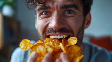 Man eating potato chips on white background