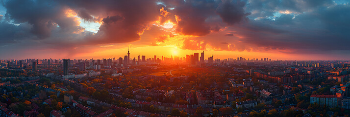 Cityscape at sunset panorama banner - top view o,
Dramatic apocalyptic background judgment day end of world complete destruction of planet Earth
 - obrazy, fototapety, plakaty