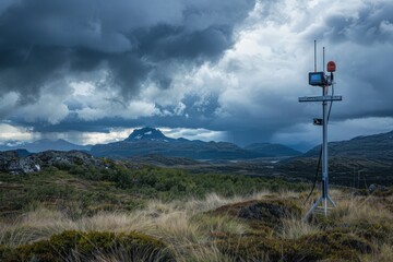Weather station equipment against a stormy sky in a remote mountainous area. Global warming problem