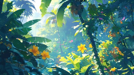 Fototapeta na wymiar Lush tropical vegetation fills the jungle teeming with a myriad of vibrant leaves flowers and plants