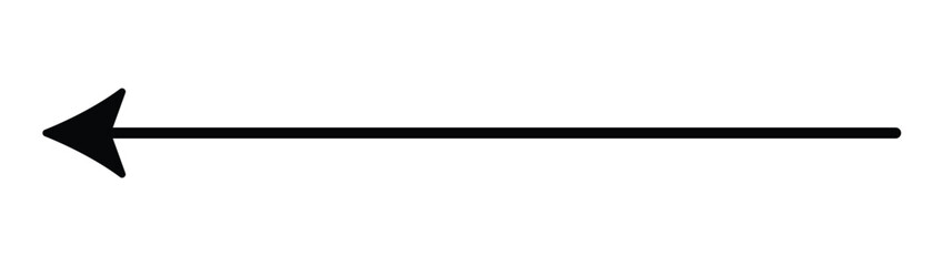 Straight long arrow, left thin line, black cursor, horizontal element, thick pointer vector icon isolated on white background.  Long arrow. EPs 10.