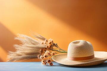Straw hat on wheat field in summer. Selective focus.