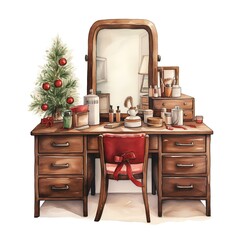 Hand drawn watercolor illustration of a vintage wooden desk with a mirror and a Christmas tree.
