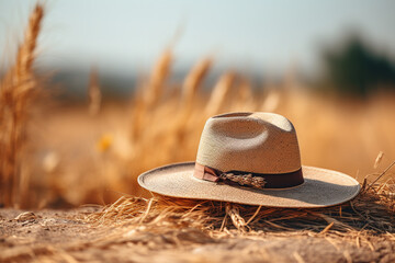 Straw hat on wheat field in summer. Selective focus.
