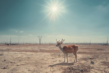 A single deer looks back in a desolate landscape under a bright sun, symbolizing isolation and climate impact. global warming's ecological effects